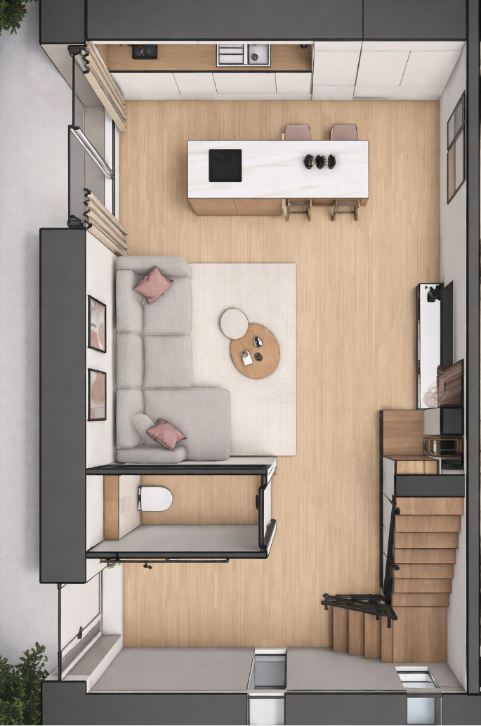 Vue de dessus — aménagement intérieur du Lot 1