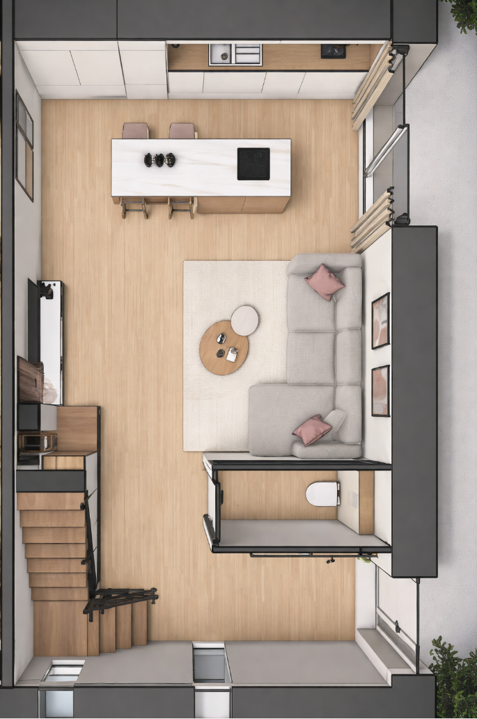 Vue de dessus — aménagement intérieur du Lot 2