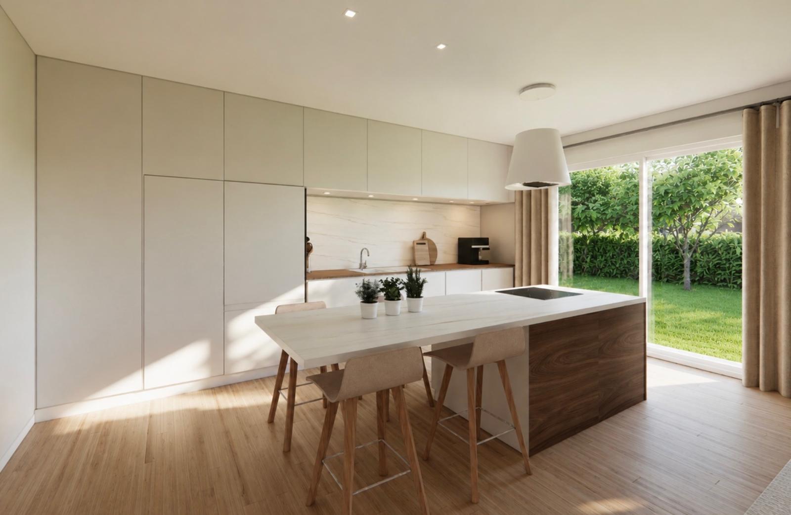 Vue intérieure du Lot 4 — cuisine ouverte sur le jardin