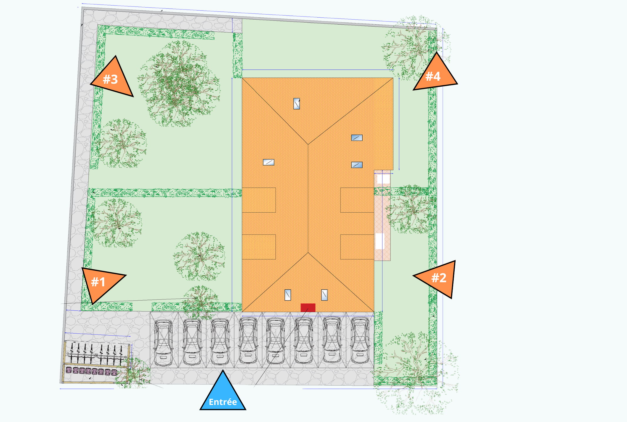 Plan de masse — implantation des quatre lots sur la parcelle du 50 route de Paris